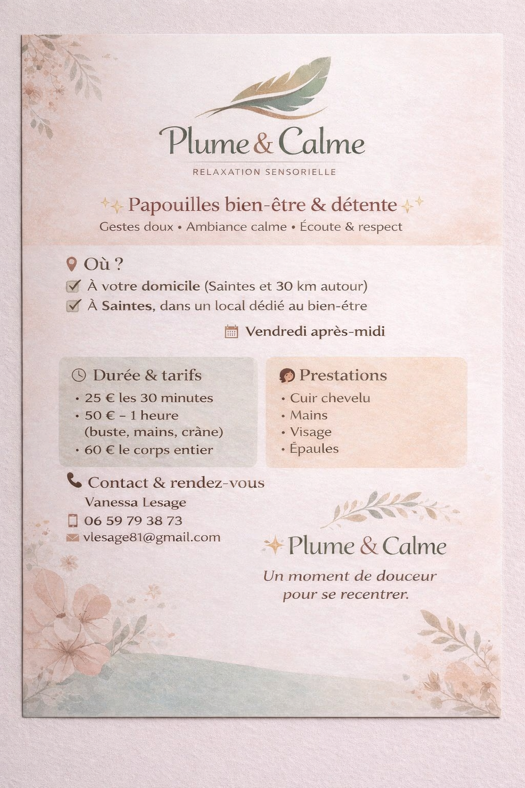 Dépliant pour Plume & Calme, proposant bien-être et détente, avec informations de contact et services.