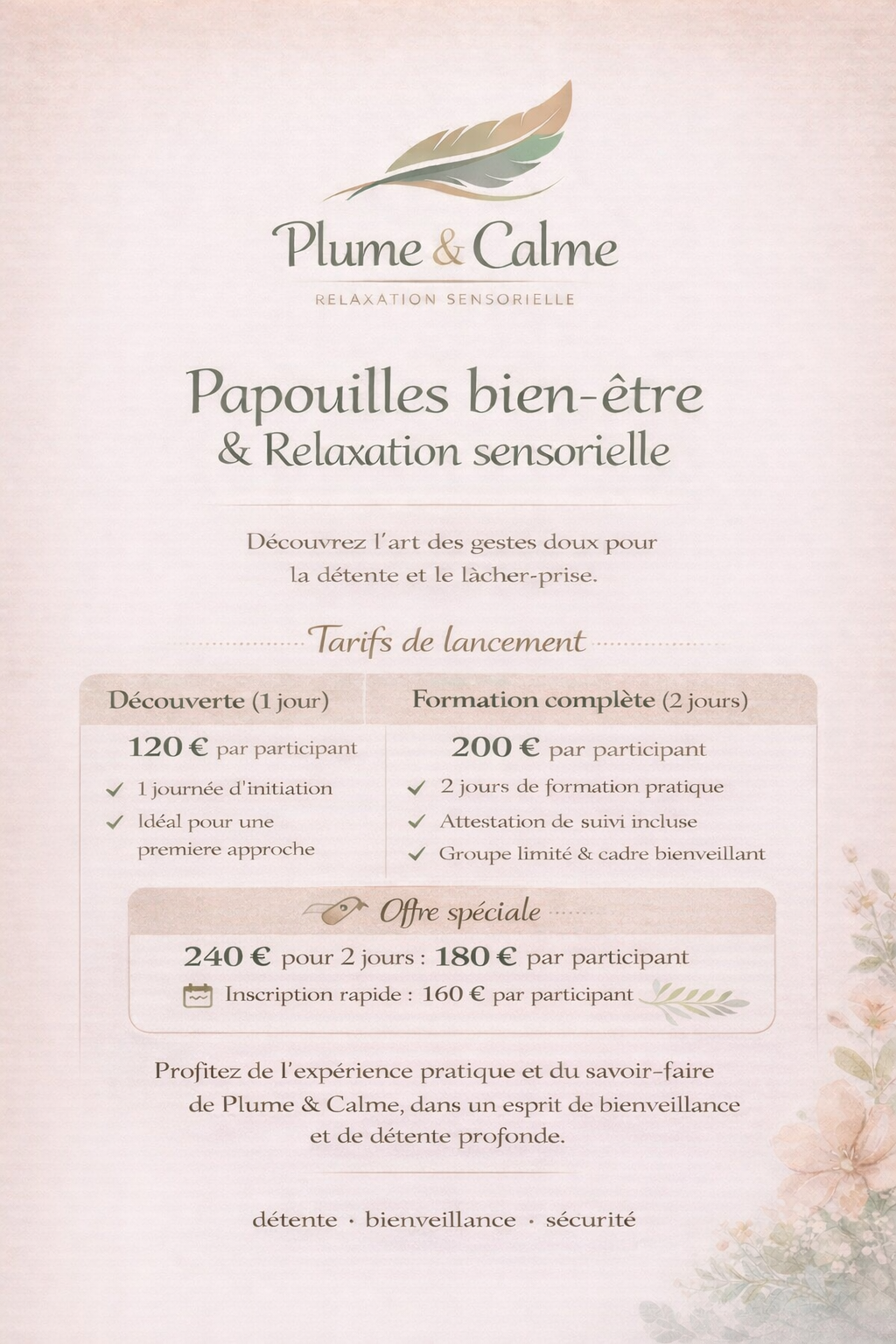 Prospectus publicitaire pour les séances de bien-être Plume & Calme, incluant Papouilles et relaxation sensorielle.