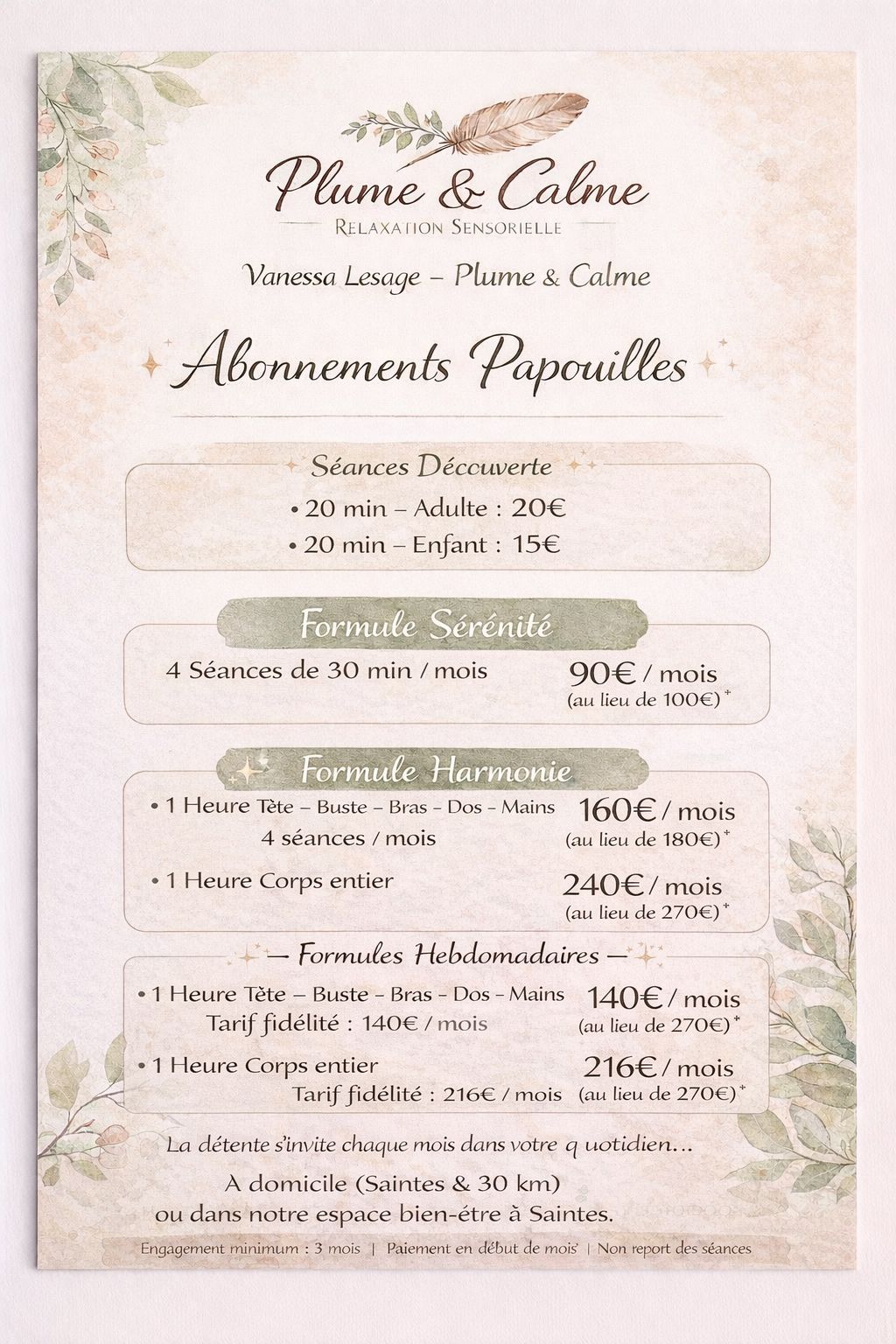 Carte des soins du spa Plume & Calme : séances de différentes durées, forfaits et tarifs. Décoration florale vert clair.