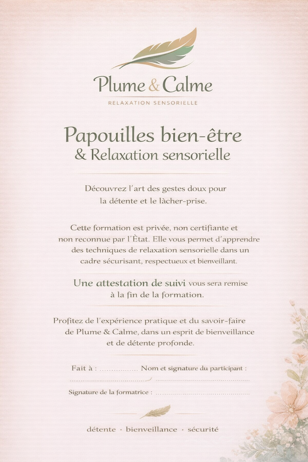Certificat pour Papouilles bien-être & Relaxation sensorielle avec un logo de plume. Couleurs rose et beige.