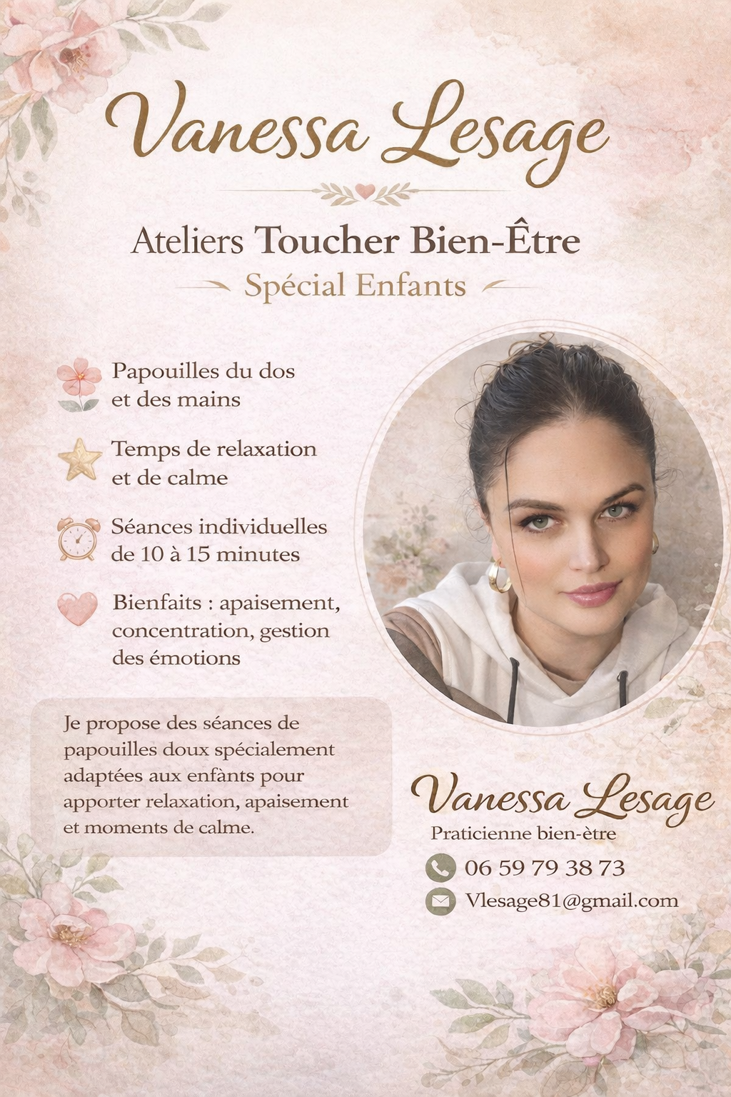 Prospectus publicitaire pour les séances de bien-être Plume & Calme, incluant Papouilles et relaxation sensorielle.