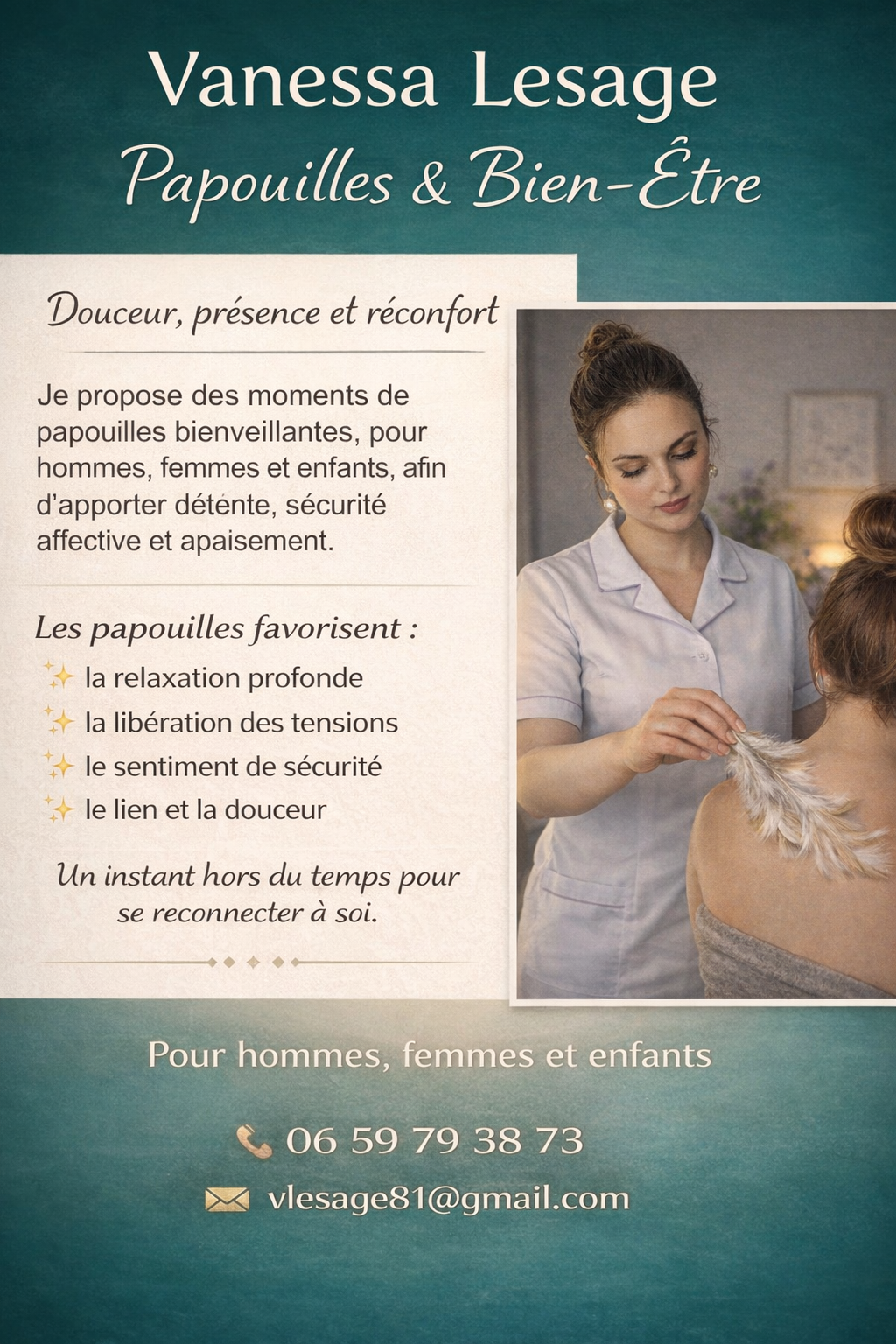 Dépliant pour Vanessa Lesage, proposant des papouillrd et du bien-être, avec une masseuse.