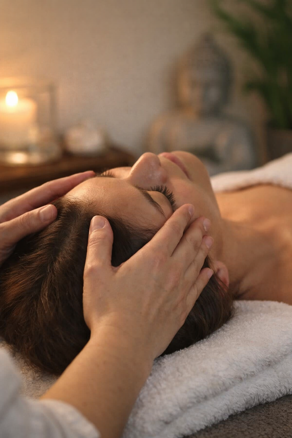 Une femme reçoit un massage de la tête dans un spa. Mains sur la tête, statue de Bouddha en arrière-plan, bougie allumée.