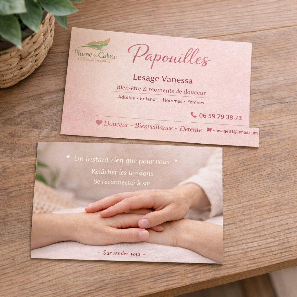 Carte de visite avec texte rose et photo de mains, faisant la promotion de services de massage.