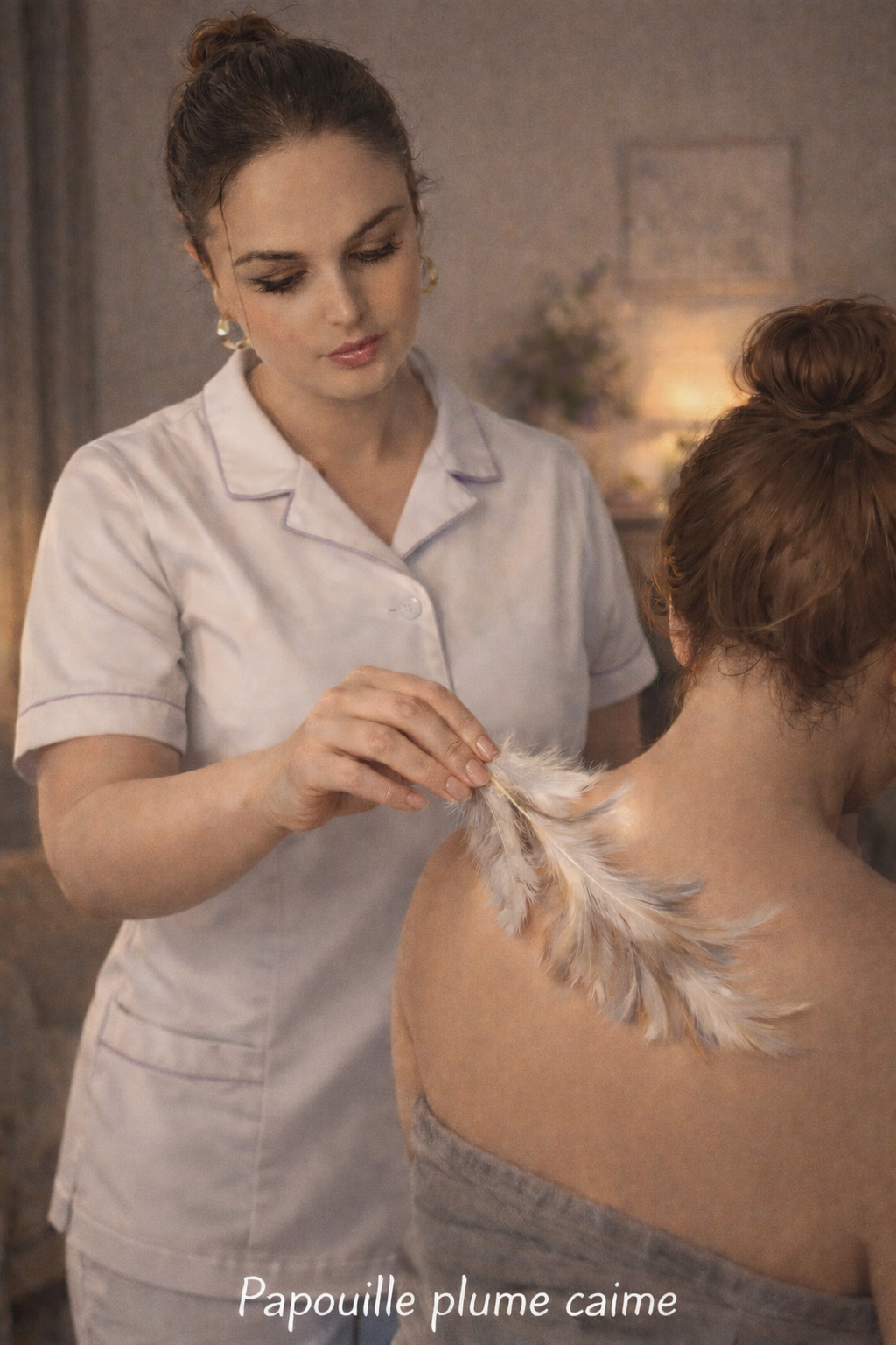 Dans une pièce faiblement éclairée, une femme en uniforme blanc utilise une plume pour soulager le dos d'une autre personne.