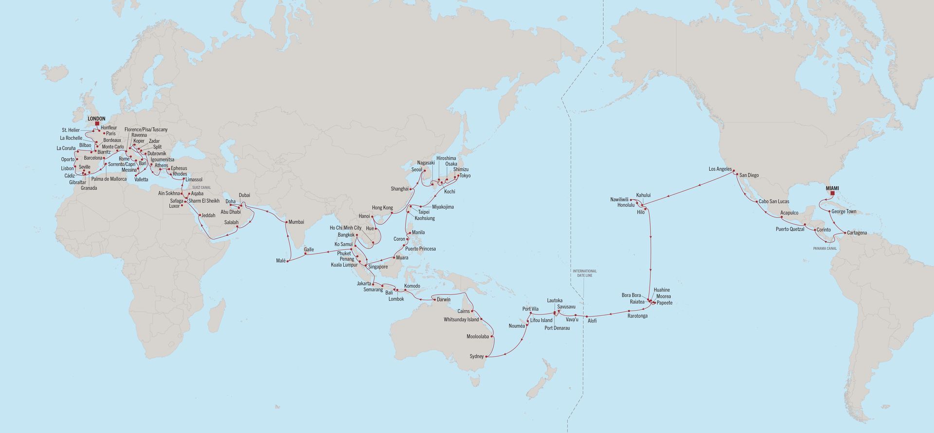A map of the world with a few dots on it 2027+Around+the+World+Miami+to+Southampton