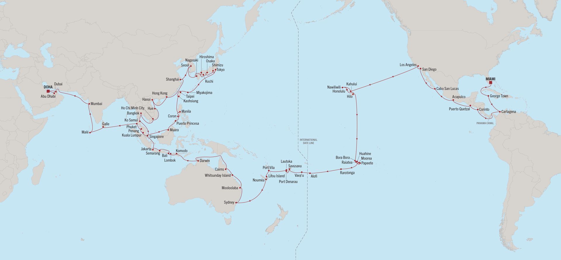 2027+Continental+Explorer+Miami+to+Doha A map of the world with a lot of dots on it