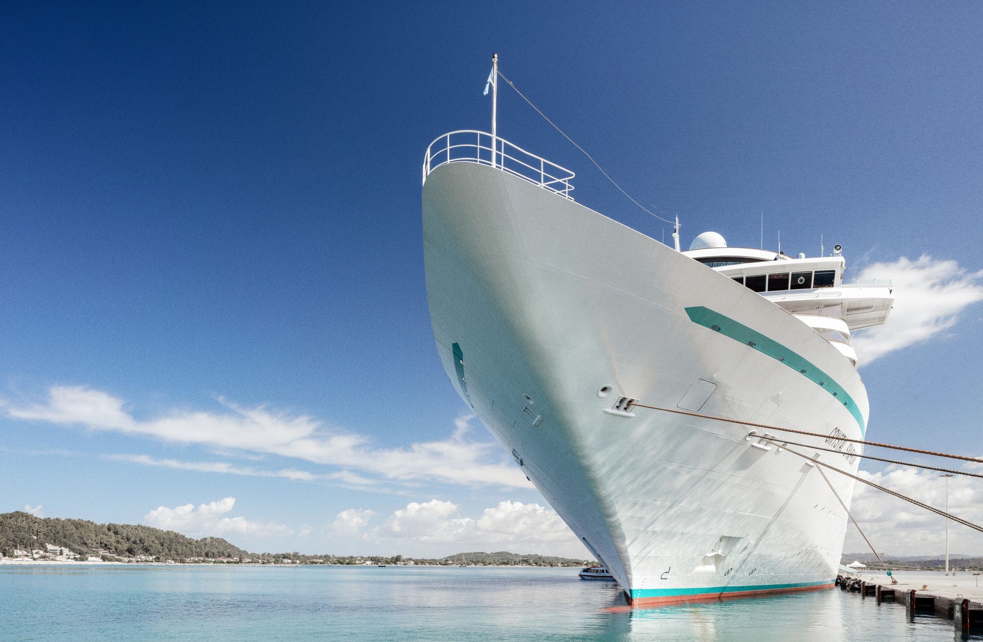 A large white cruise ship is docked in the water