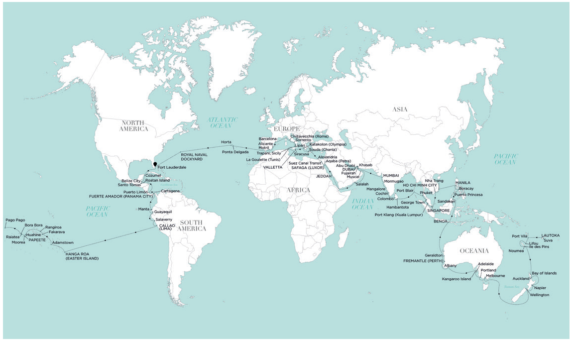 A white map of the world on a blue background showing the 2028 crystal cruises world cruise itinerary
