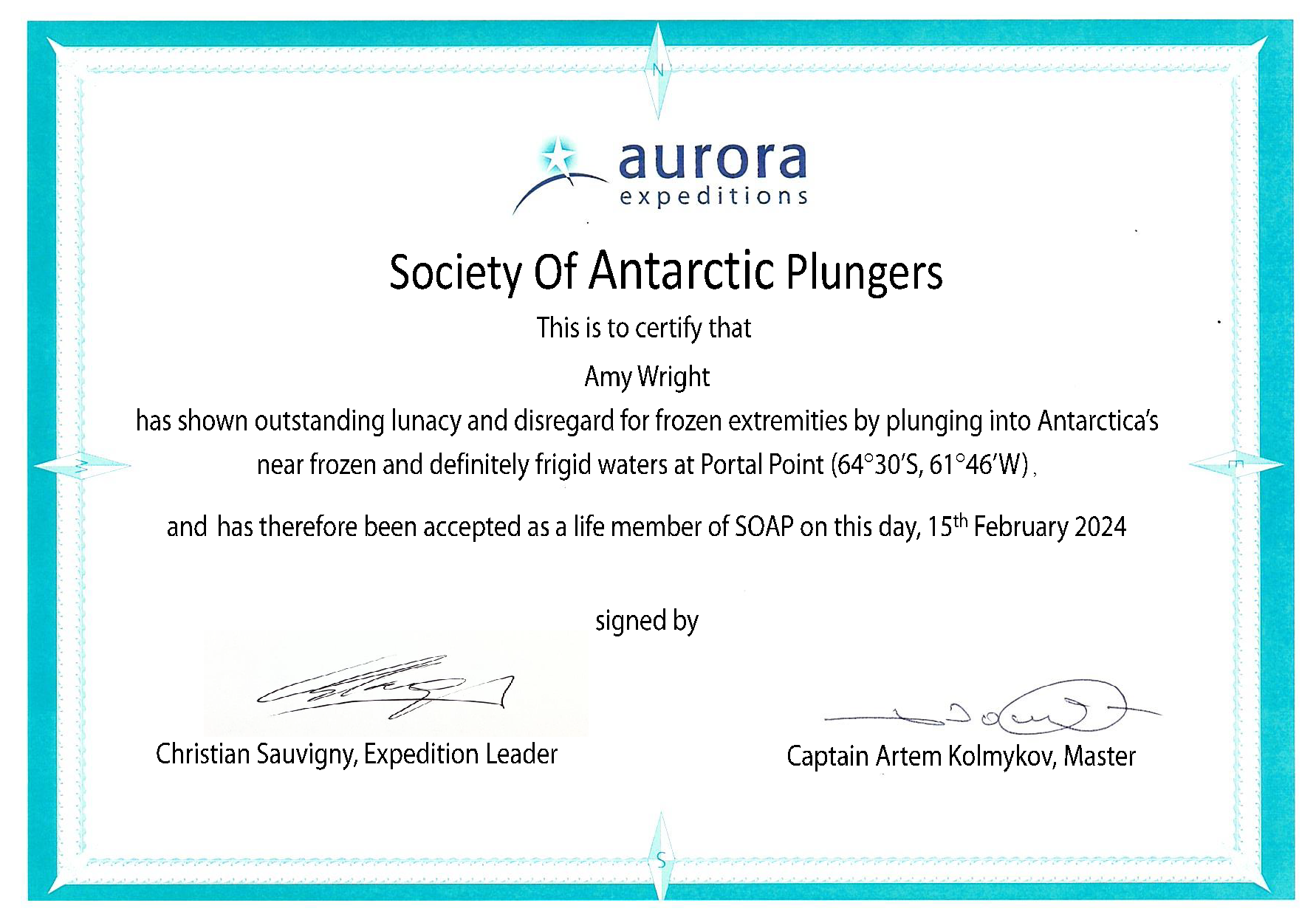 A certificate from the society of antarctic plungers