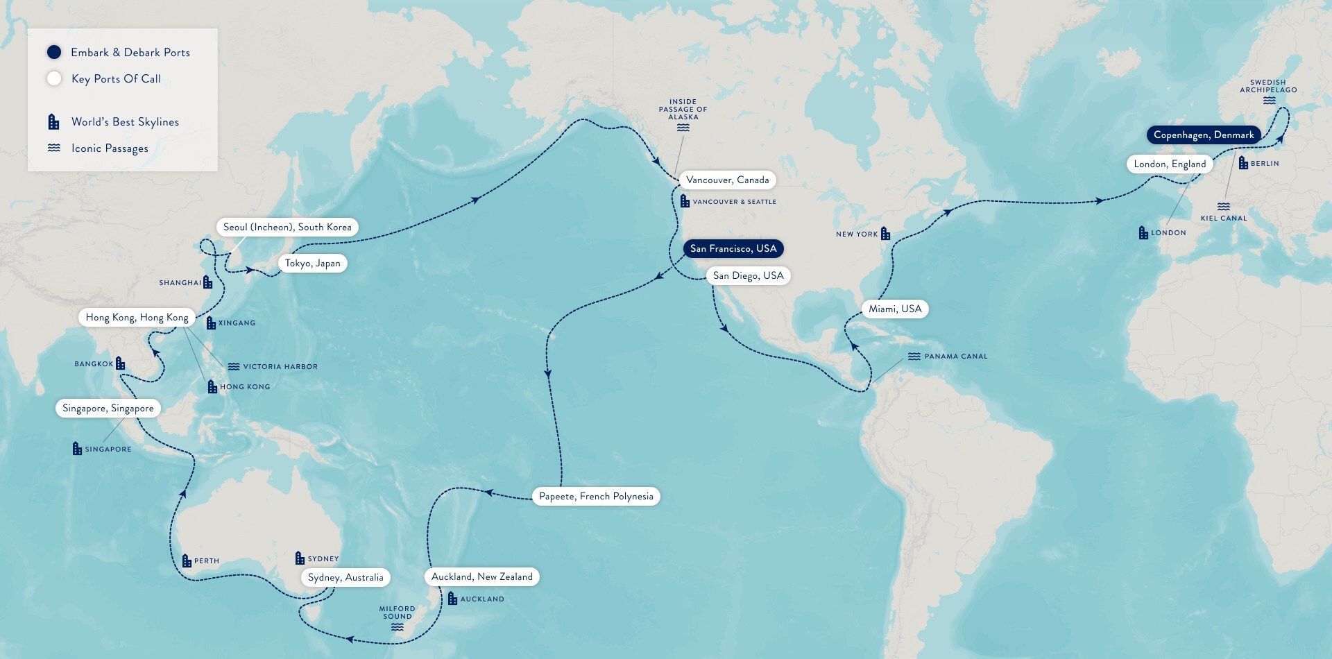 A map of the world showing the route of Azamara Quest World Cruise 2027