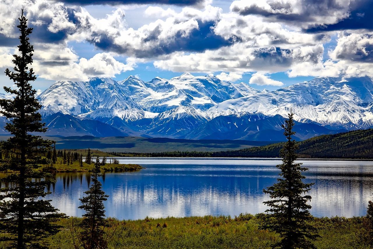 A lake with mountains in the background and trees in the foreground