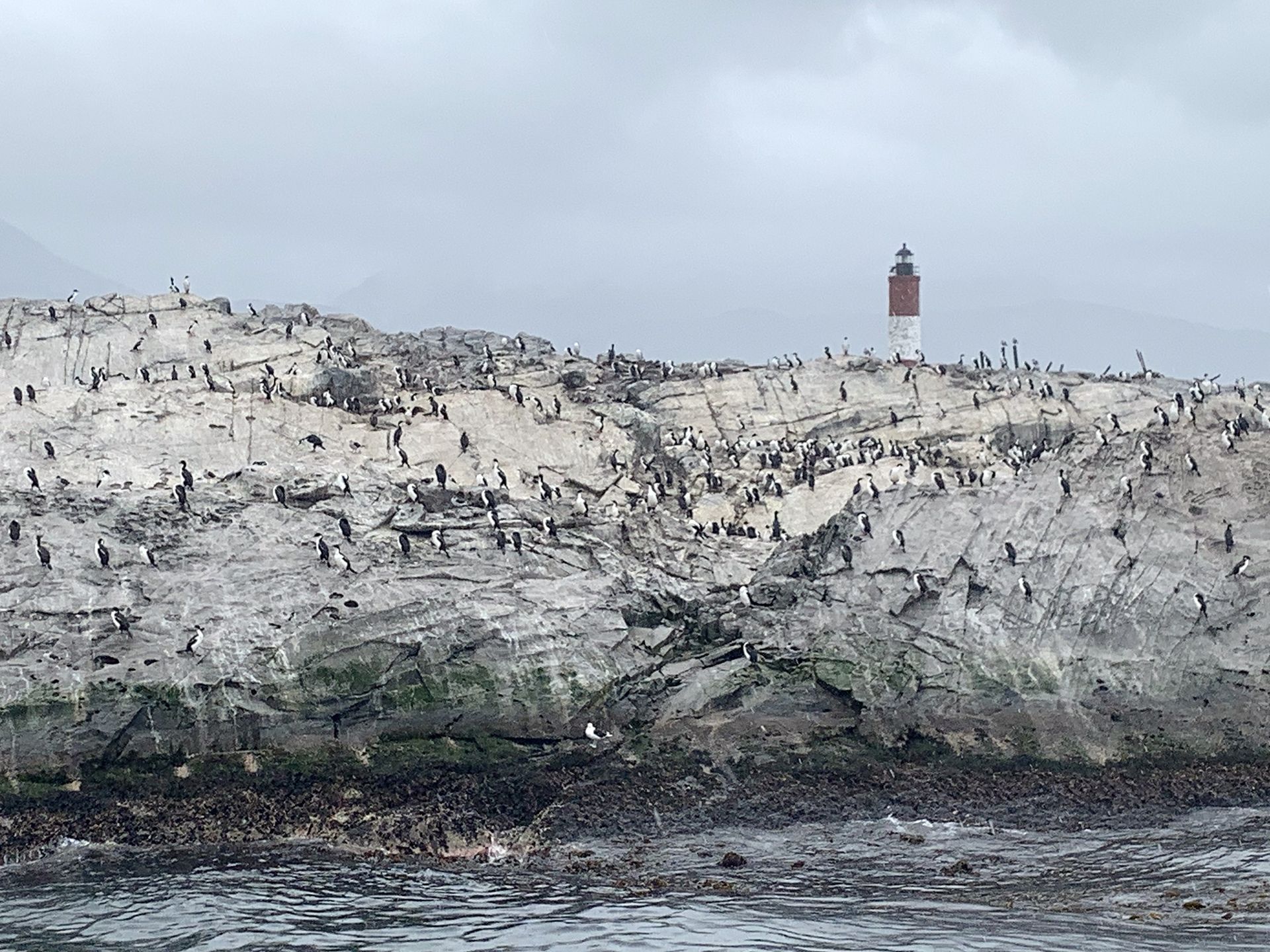 A lighthouse is sitting on top of a rocky hill next to a body of water in the Beagle Channel