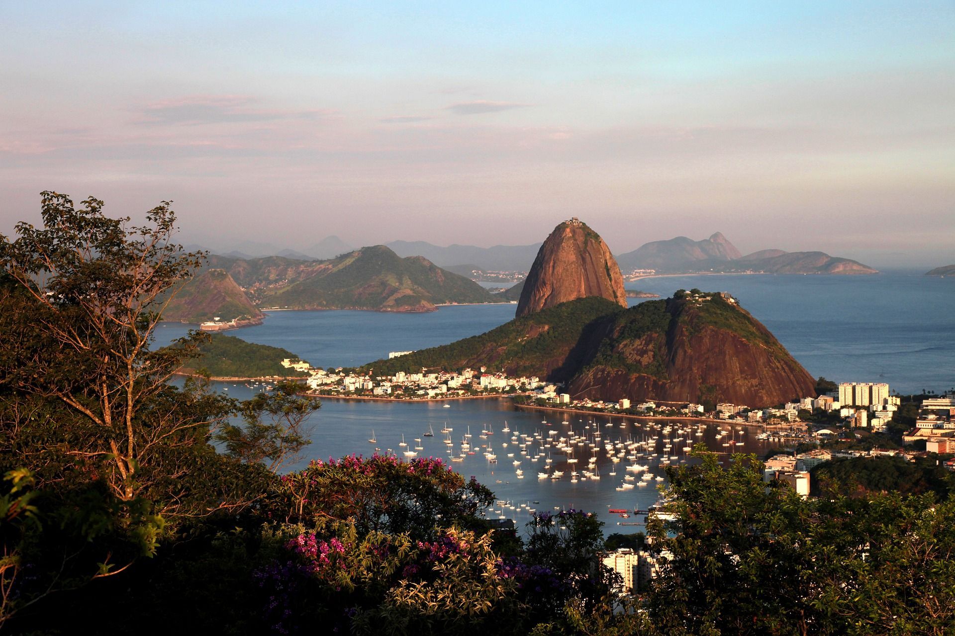 A view of a city with a mountain in the background