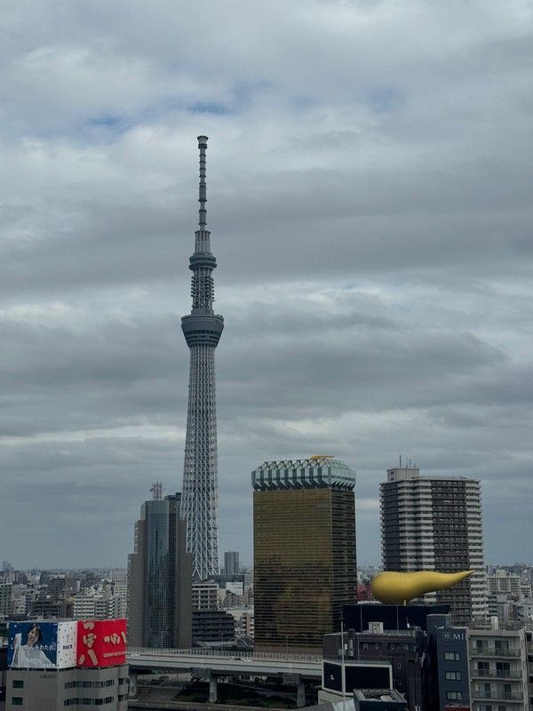 Tokyo Skytree with city buildings under an overcast sky.