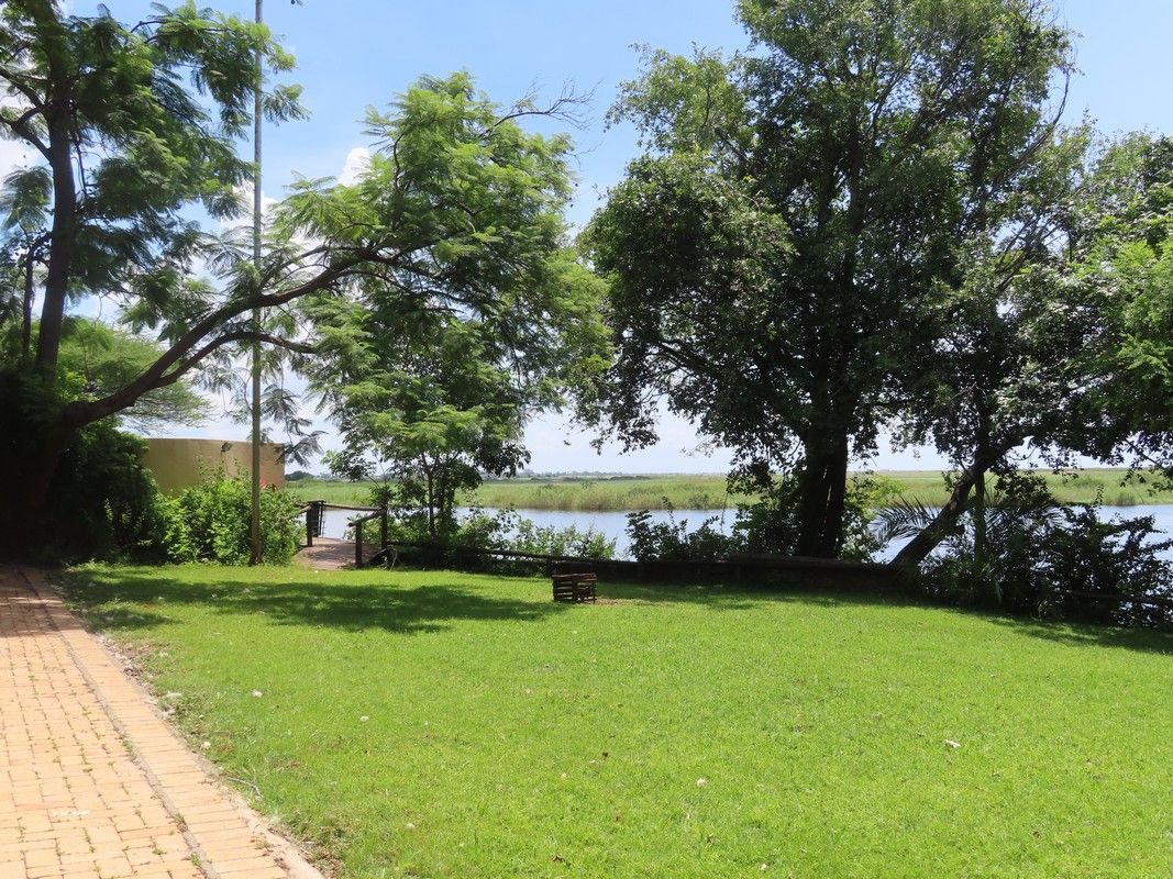 A lush green field with trees and a river in the background.