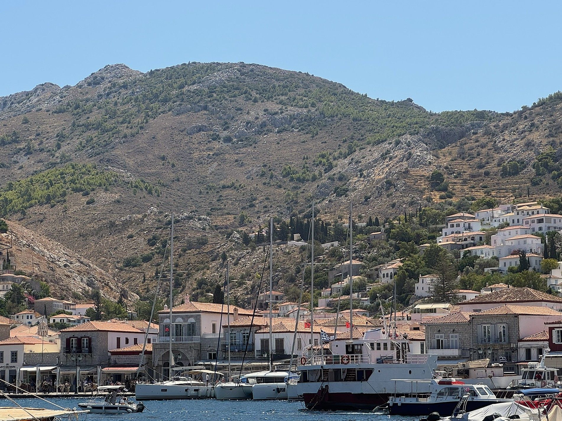 Harbor town with white buildings, boats, and a mountain backdrop.