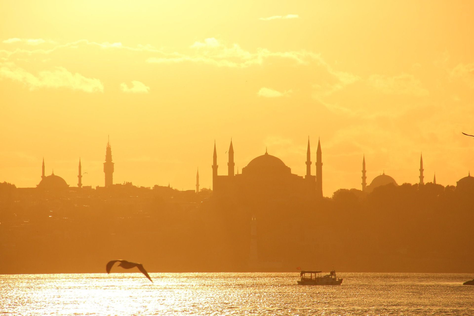 Golden sunset over Istanbul, Turkey. Silhouetted mosques and minarets against a bright sky, with a boat and bird.