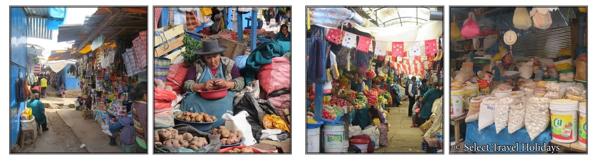 A collage of four pictures of a crowded market in Cusco