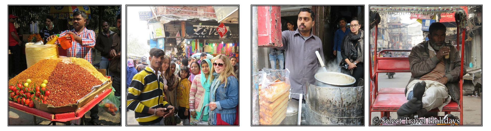 A collage of four pictures of people selling food on the street.