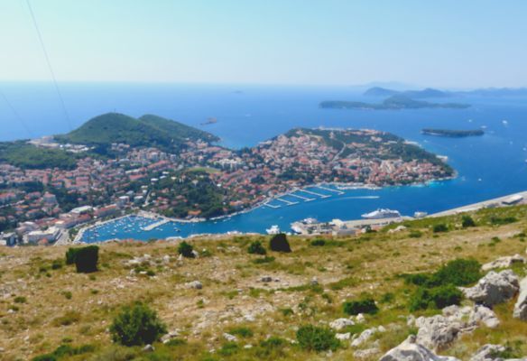 A view of a city from a hill overlooking the ocean.