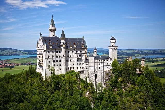 a large white castle is sitting on top of a hill surrounded by trees .