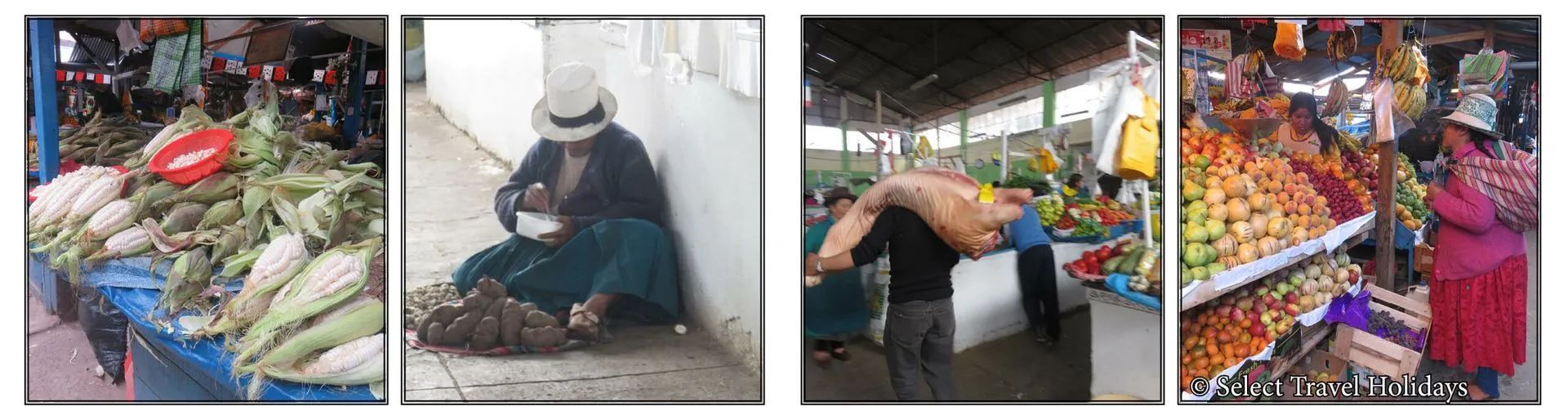 A collage of four pictures of people at a market in Cusco