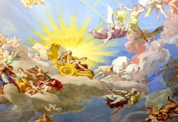 A painting of angels flying in the sky with the sun shining through the clouds.