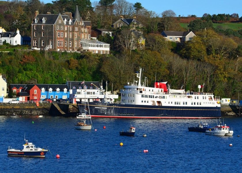 A small cruise ship is docked in the water near a small town