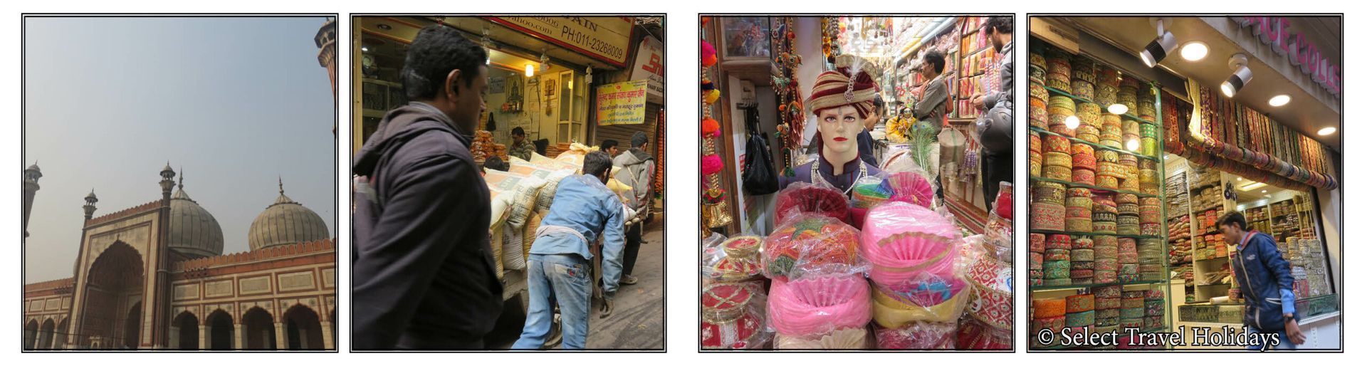 A collage of four pictures shows a mosque and a market