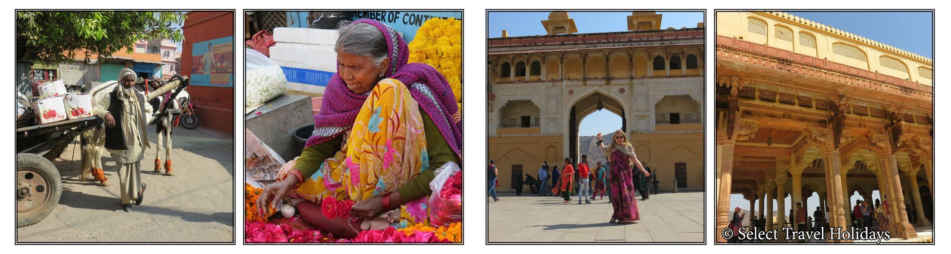 A collage of four pictures of people and buildings in india