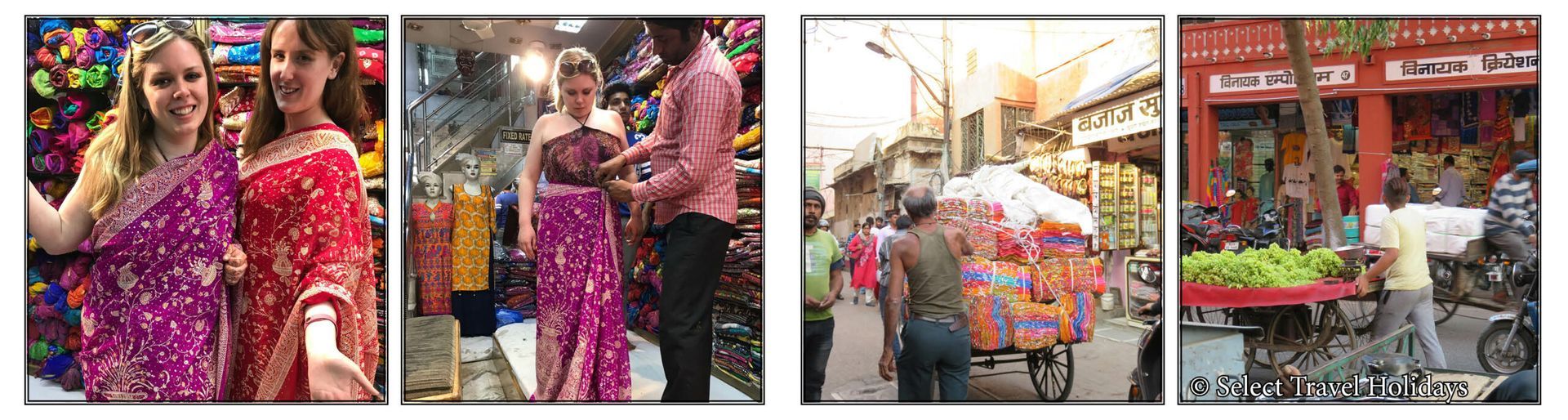 A woman in a pink saree is standing next to a man in a red shirt.