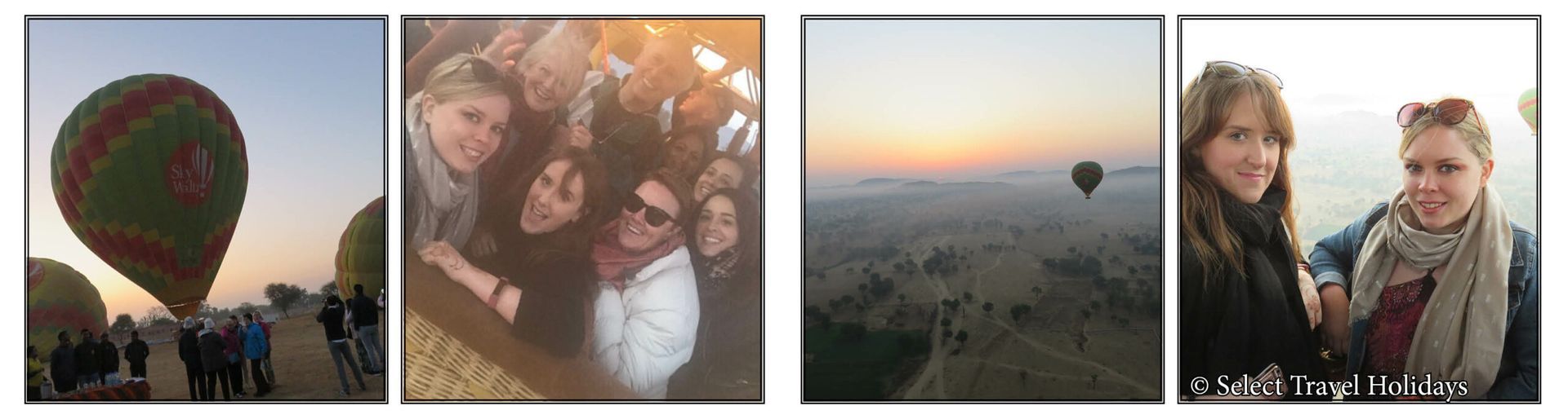 A group of people are standing in front of a hot air balloon.