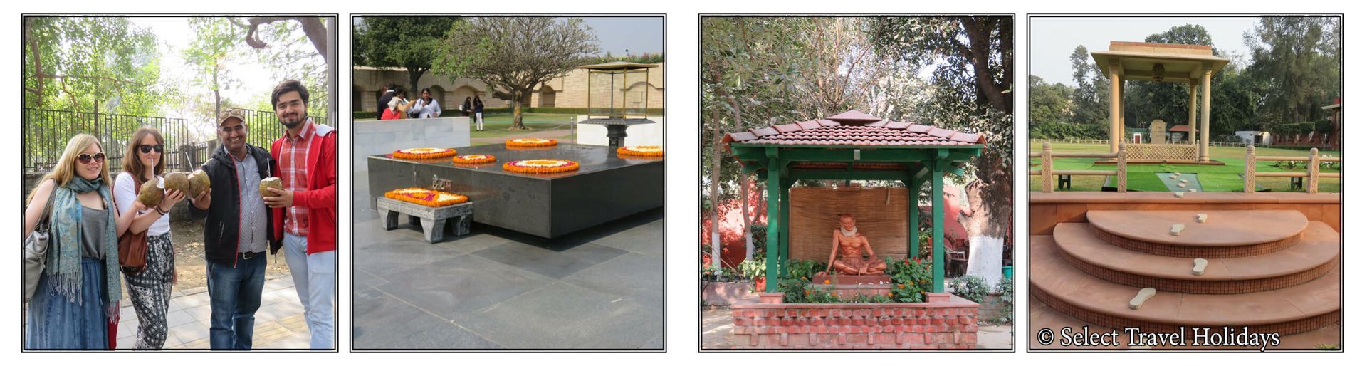 A collage of four pictures of people and a temple