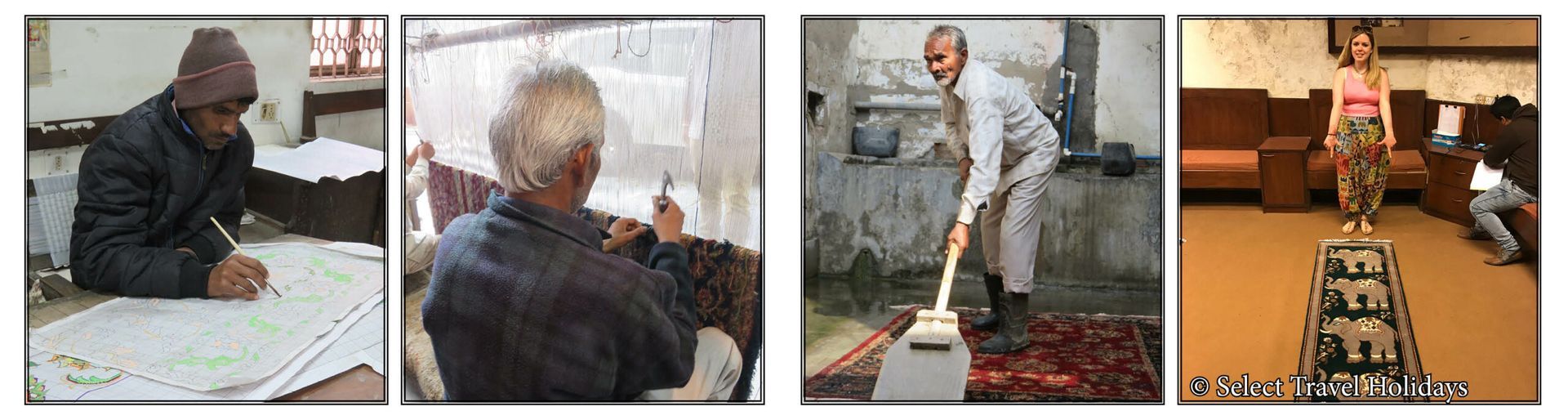 A man is writing on a piece of paper while a woman is vacuuming a rug