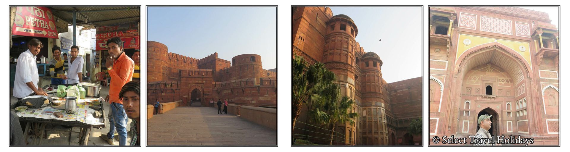 A collage of four pictures shows a man standing in front of a building