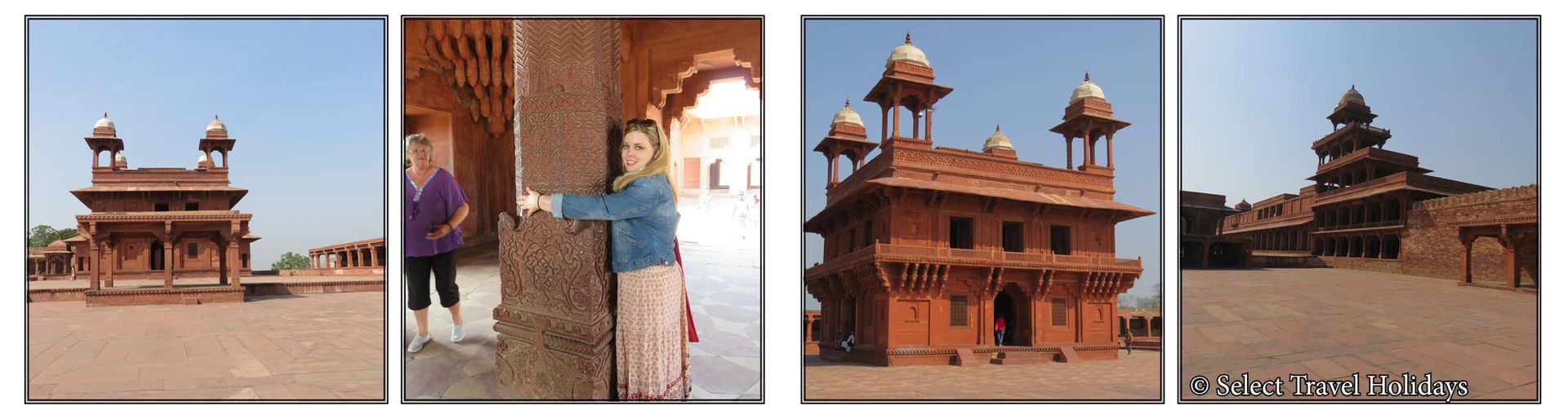 A collage of four pictures shows a woman standing in front of a building