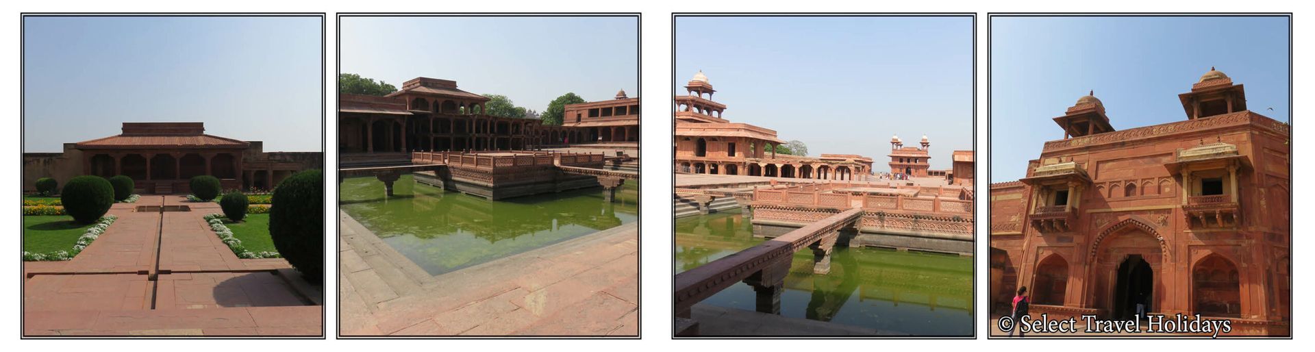 A collage of four pictures of buildings and a pond