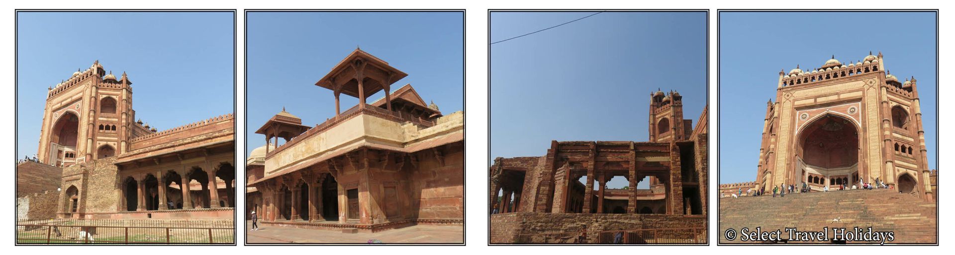 Four pictures of a building with a blue sky in the background