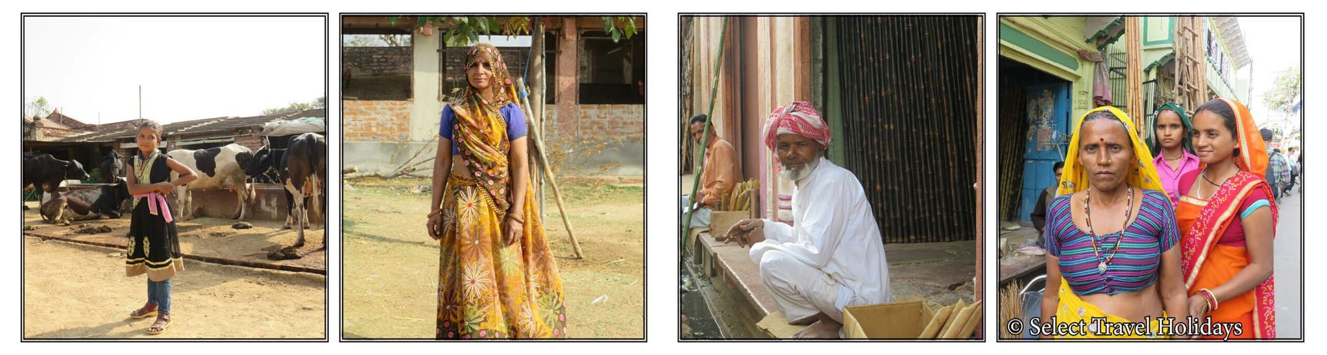 A collage of four pictures of people in saris