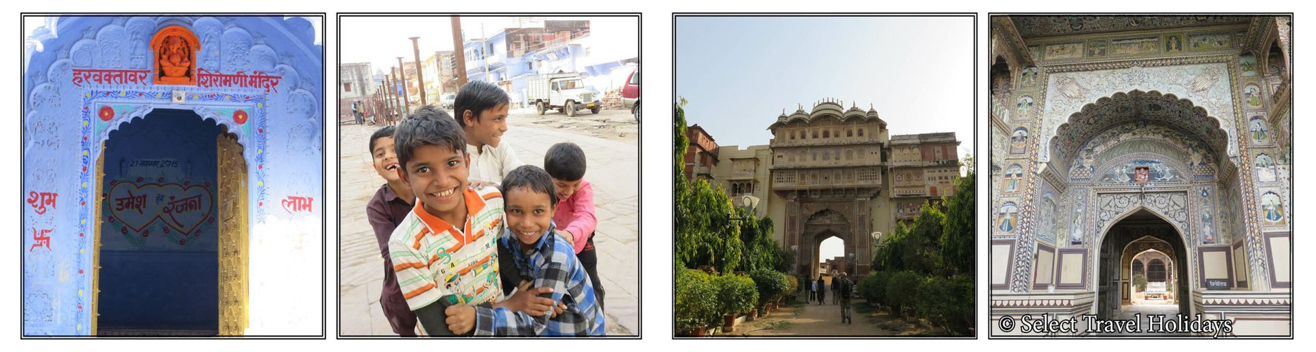 A collage of four pictures of people and buildings