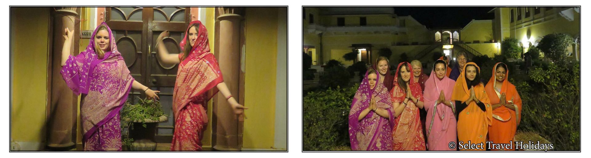 A group of women in purple and orange saris are standing next to each other