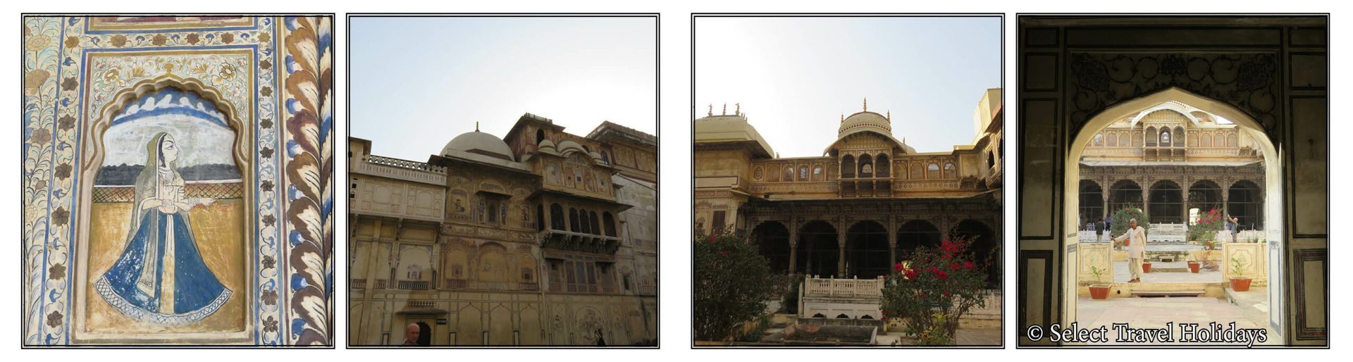 A collage of four pictures of buildings and a painting of a woman