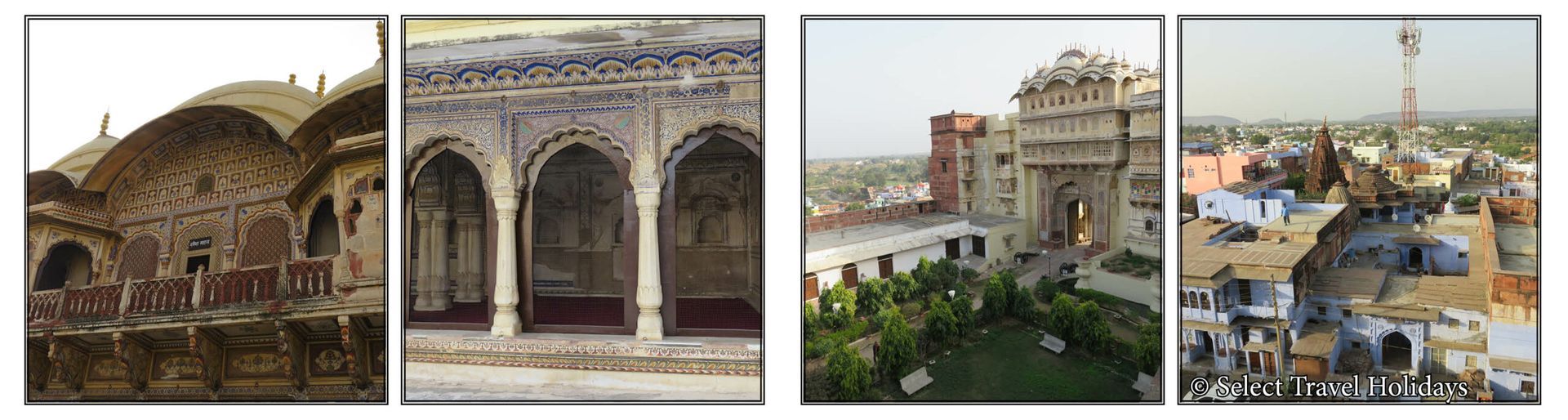 A collage of four pictures of buildings and a city