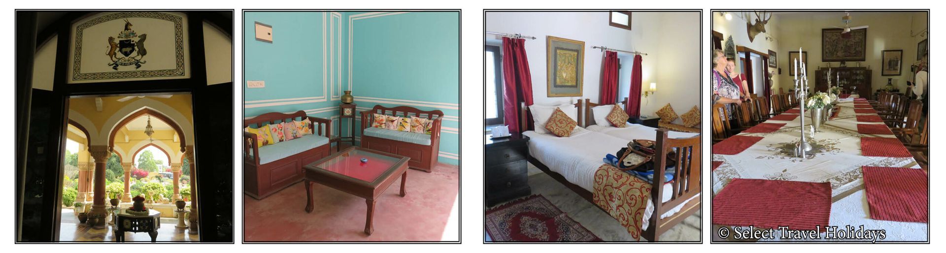 A collage of four pictures of a living room and dining room