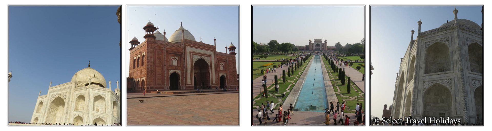 A collage of four pictures of buildings including the taj mahal