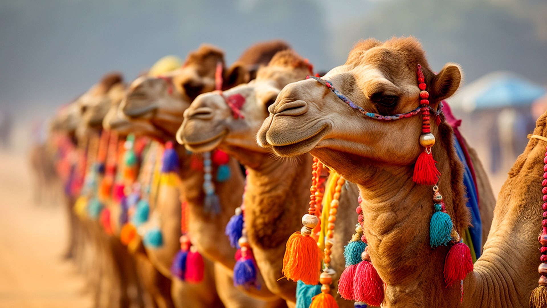 a row of camels with colorful tassels around their necks at the Jaisalmer Desert Festival