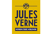 A yellow and blue logo for jules verne inspiring tours worldwide.