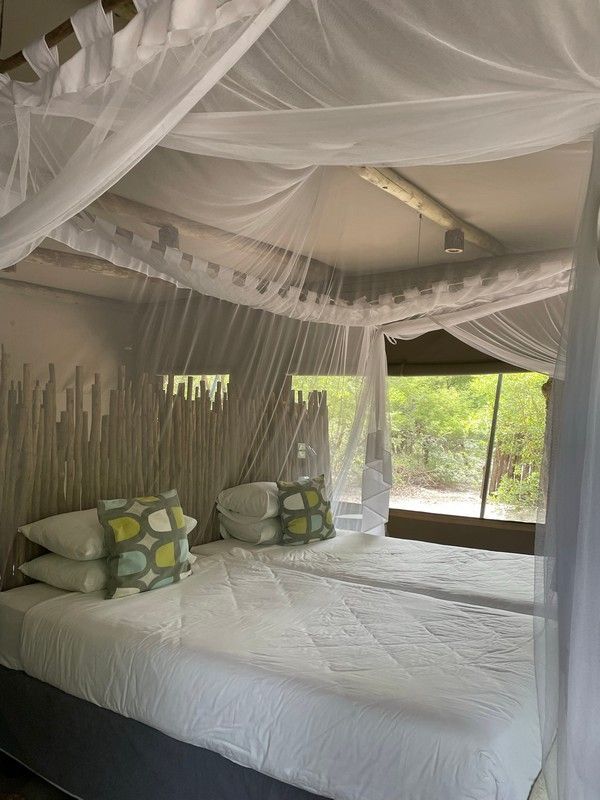 A bedroom with a canopy bed and a window. intrepid africa safari review