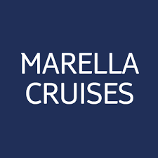 The logo for marella cruises is on a blue background.
